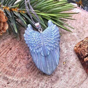 Nature Labradorite Carved Flashy Angel Wing Pendant Necklace